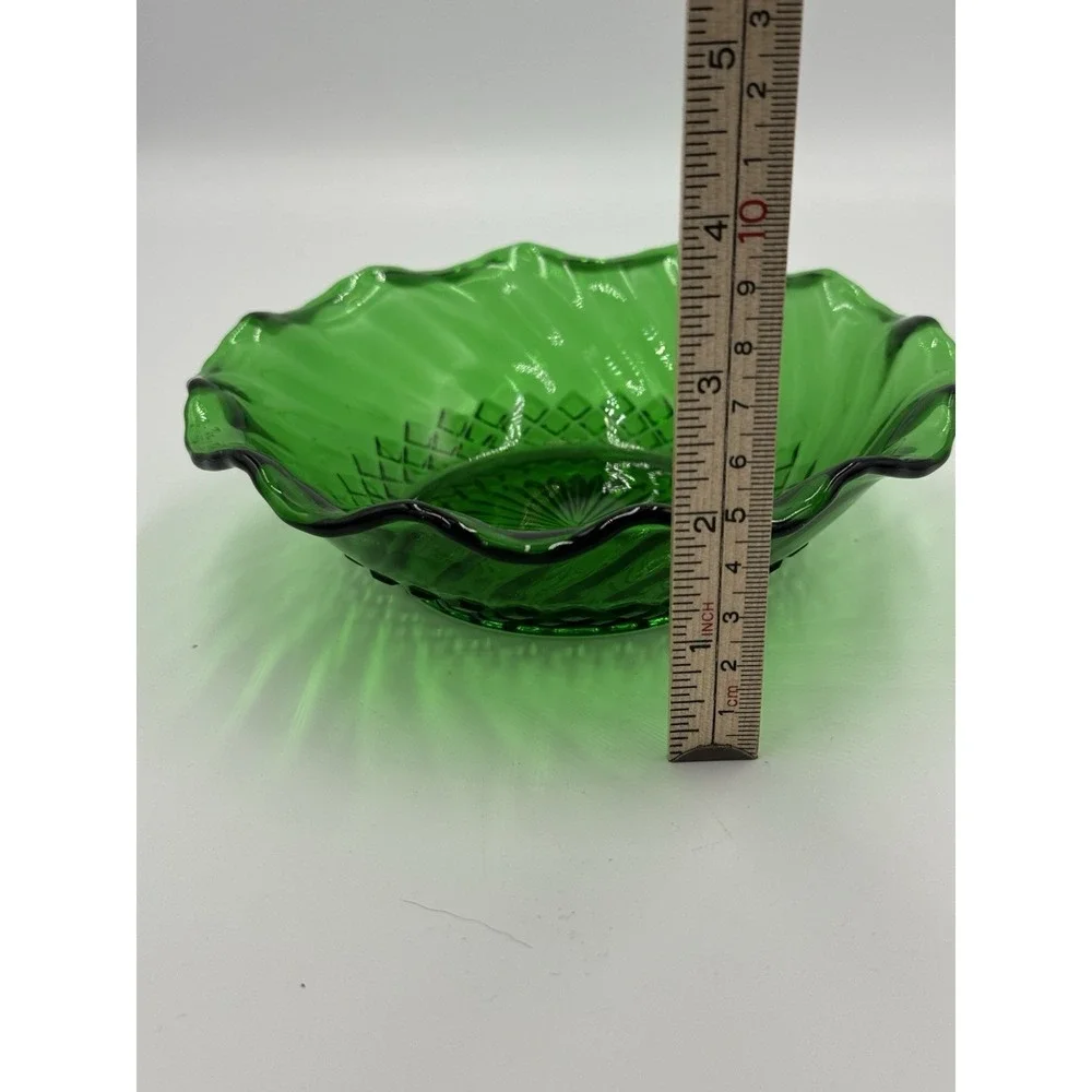 Vintage Anchor Hocking Forest Green Glass Bowl in Diamond Swirl Pattern
